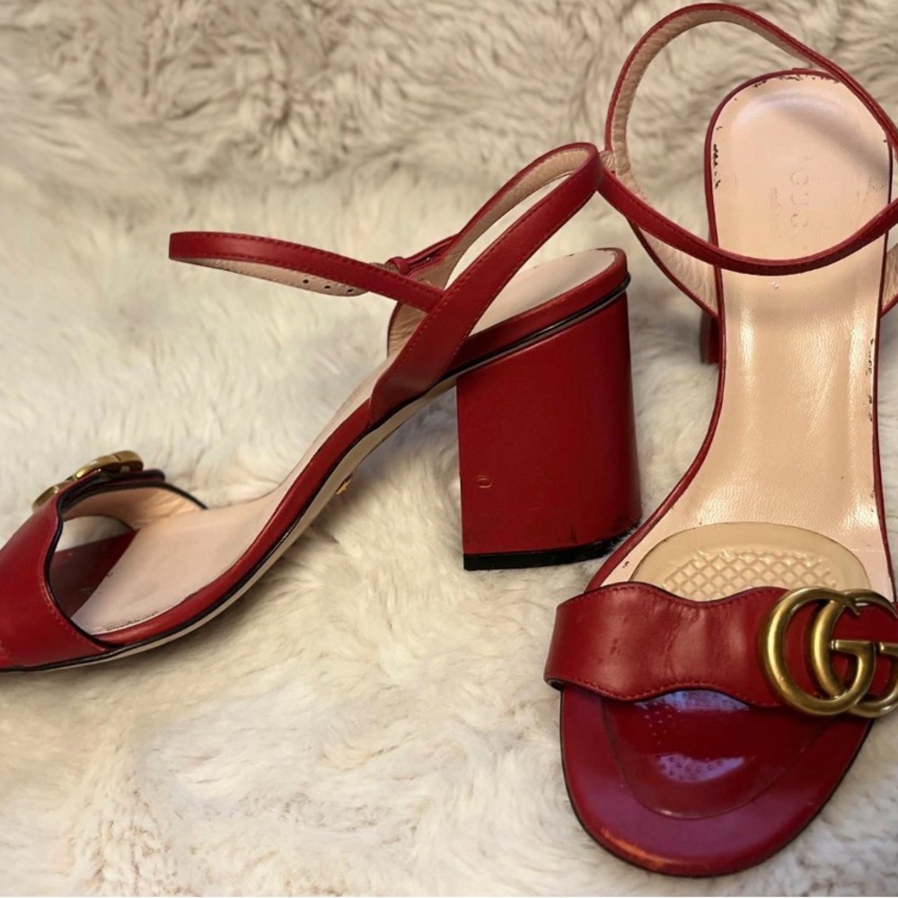 Gucci Red Leather Block Heel Slingback Sandals with Gold GG
